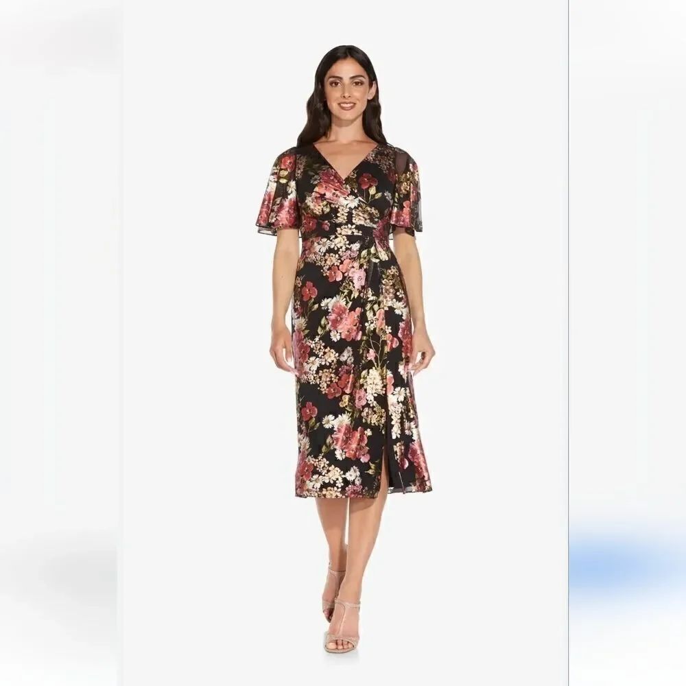 Adrianna Papell Floral-Print Metallic Flutter-Sleeve Dress Size 10 Petite